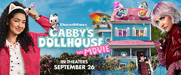 DreamWorks’ Gabby on a purple background holding balloons with cat ears.