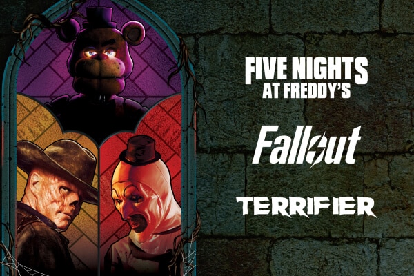 Stained-glass window art of The Ghoul from “Fallout,” Freddy from Five Nights at Freddy’s and Art the Clown from Terrifier.