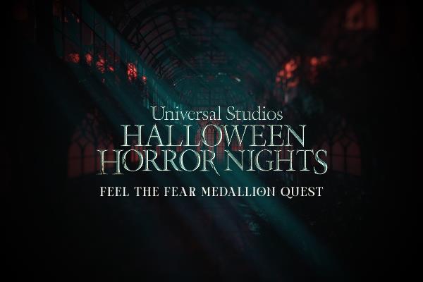 Universal Studios Halloween Horror Nights Feel the Fear Medallion Quest are set against a dark Victorian greenhouse, with an eerie green haze over the letters, and hints of a blood-red horizon.