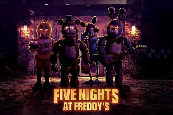 Freddy, Bonnie, Chica and Foxy standing below the Five Nights at Freddy’s and Universal Halloween Horror Nights logos.