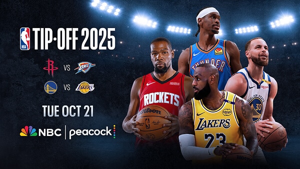 NBA Tip Off 2025 happening Tuesday Oct. 21 featuring the Rockets, Thunder, Warriors and Lakers on NBC and Peacock.