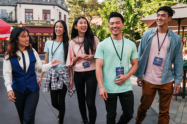 A group of friends walking with their VIP Tour Guide at Universal Studios Hollywood.