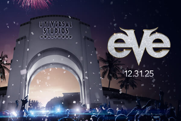A large crowd gathered in front of the Universal Studios Hollywood arch with the EVE logo to the right.