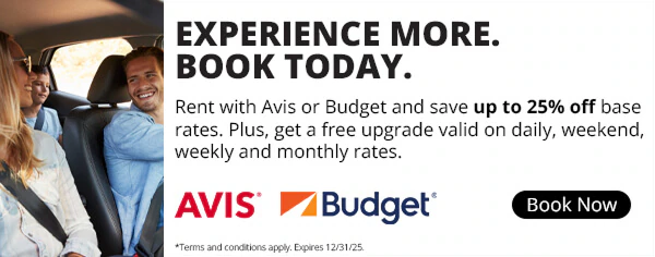 A rental car promotion to save 25% off base rates at Avis and Budget.