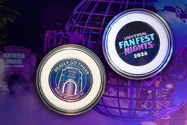 Circular “UNIVERSAL FAN FEST NIGHTS 2026” and “REALLY GO THERE” medallions on a stylized purple Universal globe background.