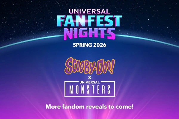 Universal Fan Fest Nights logo and Scooby-Doo “X” Universal Monsters logos on a starry sky above a rounded area with violet light rays.