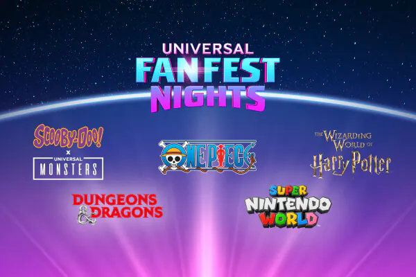 Universal Fan Fest Nights logo and the logos of five different fandoms against a starry night sky and glowing horizon.