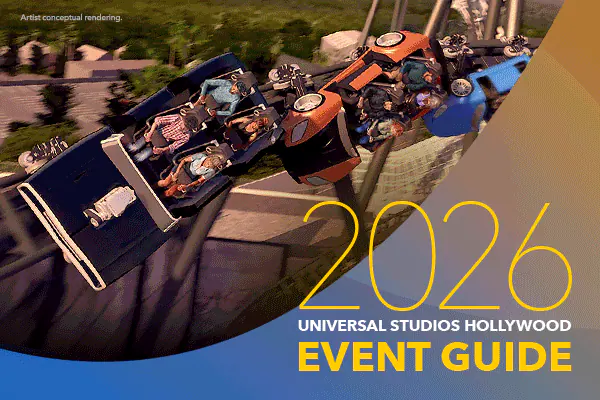 Rotating GIF featuring an artist conceptual rendering of guests riding the Fast & Furious: Hollywood Drift coaster at Universal Studios Hollywood and screenshots of the 2026 Universal Studios Hollywood Event Guide.