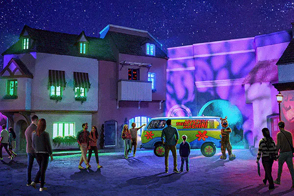 Rotating GIF of renderings of the Scooby-Doo gang and the Universal Monsters interacting in eerily lit nighttime streets.