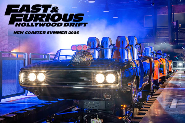 The Fast & Furious Hollywood Drift ride vehicles with logo and 'New Coaster Summer 2026” text at Universal Studios Hollywood.