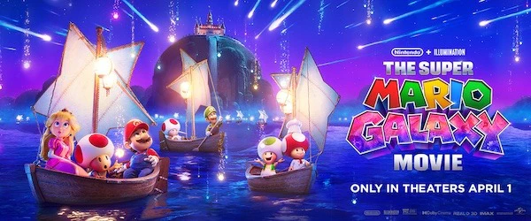 Mario and friends in boats under shooting stars with a “CELEBRATE THE SUPER MARIO GALAXY MOVIE AT UNIVERSAL” callout.
