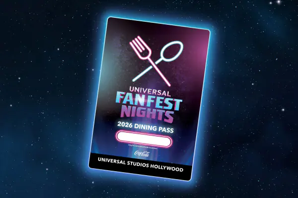 A glowing “UNIVERSAL FAN FEST NIGHTS 2026 DINING PASS” card with a fork and spoon icon floating against a starry background.