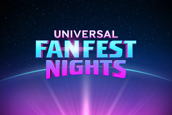 The Universal Fanfest Nights logo on top of a gradient purple beam of light that fades into a starry galaxy in the background.
