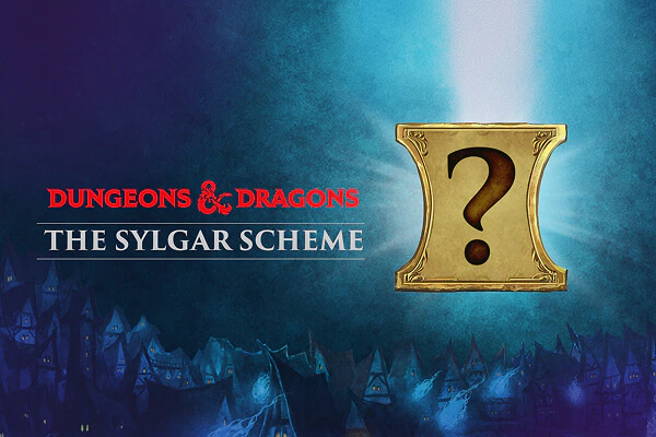 The words “DUNGEONS & DRAGONS - The  Sylgar Scheme” are set against a dark sky above a neighborhood of houses.