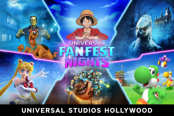 “UNIVERSAL FAN FEST NIGHTS” logo in the middle of characters from seven different fandoms.