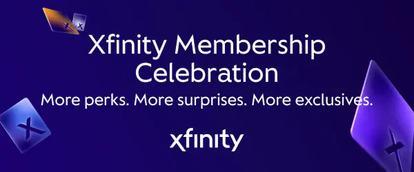 The words “Xfinity Membership Celebration | More perks. More surprises. More exclusives.” and xfinity logos on purple.