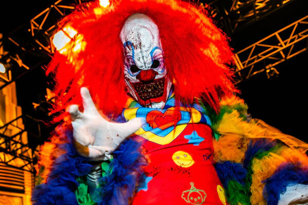A tall clown with red hair, a grotesque, red-spattered grin, and a colorful outfit reaching toward you in the night streets.