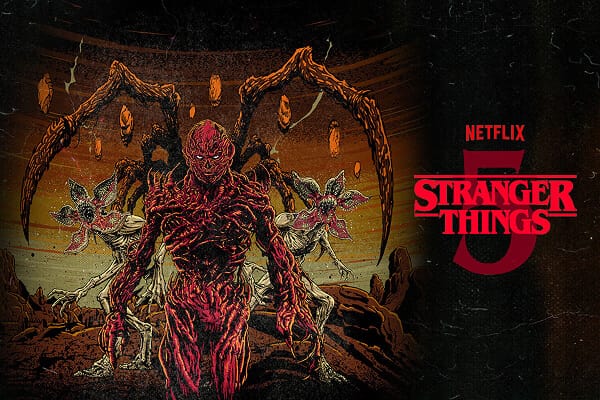 An illustration of a red tentacled demon and creatures with gaping mouths with “NETFLIX STRANGER THINGS 5” in red lettering.