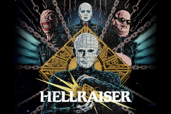 An illustration of Pinhead from “HELLRAISER” with a gold puzzle box, chains and hooks, and three other demonic characters.