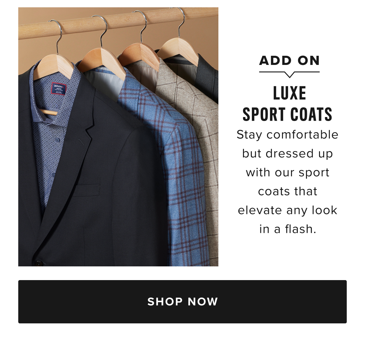 Elevate your wardrobe with UNTUCKit’s collection of men’s sport coats, designed to provide both style and practicality. Featuring a range of wrinkle-resistant options, these sport coats keep you looking sharp all day long—whether you’re heading to the office or out for a night on the town. Crafted with innovative, crease-fighting fabrics, these sport coats ensure you stay looking fresh without the hassle of constant ironing, making them perfect for the modern man on the go.  For those seeking luxury and craftsmanship, UNTUCKit’s Italian wool sport coats offer the perfect balance of sophistication and comfort. Made from high-quality wool sourced from Italy, these sport coats deliver a refined, classic look with a soft feel. Ideal for cooler weather or special occasions, the Italian wool adds a touch of elegance to your wardrobe, all while maintaining the perfect untucked fit for a relaxed yet polished appearance.  Whether you're pairing it with a Wrinkle-Free shirt for a seamless look or dressing it down with a tee and chinos for a more casual vibe, UNTUCKit’s sport coats offer versatile styling options that will elevate your everyday outfits. With options in both wrinkle-resistant and Italian wool fabrics, these sport coats bring together timeless design and modern functionality.  Shop UNTUCKit today to find the perfect sport coat that combines luxury, practicality, and the signature untucked fit you love.
