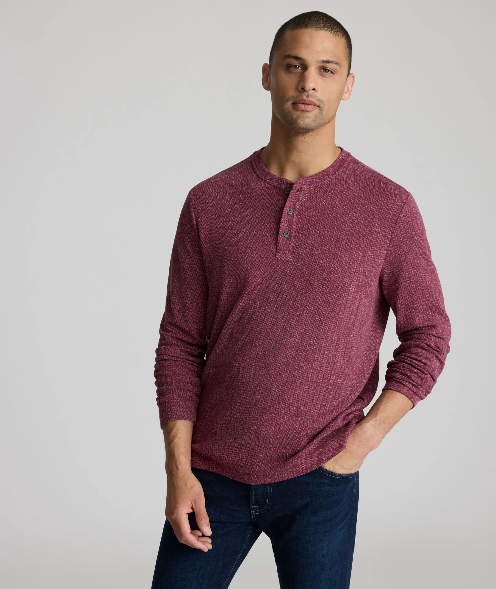 Image of Stretch Cotton Herringbone Henley