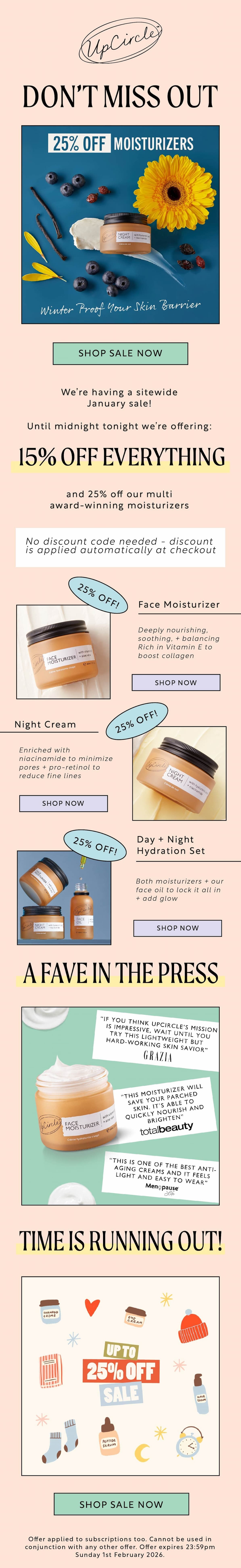 January Sale. 25% off moisturizers, 15% off sitewide