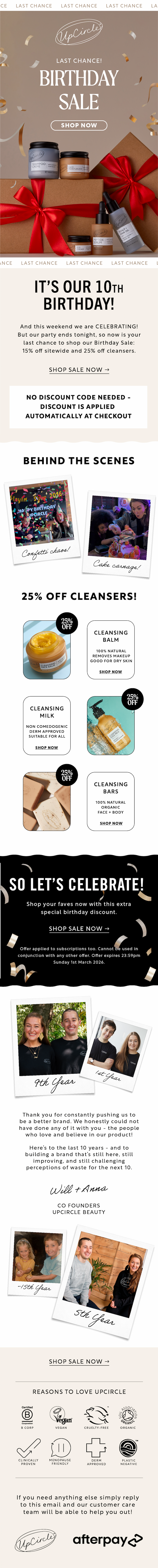 Birthday Sale. 15% off sitewide, 25% off cleansers. This weekend only
