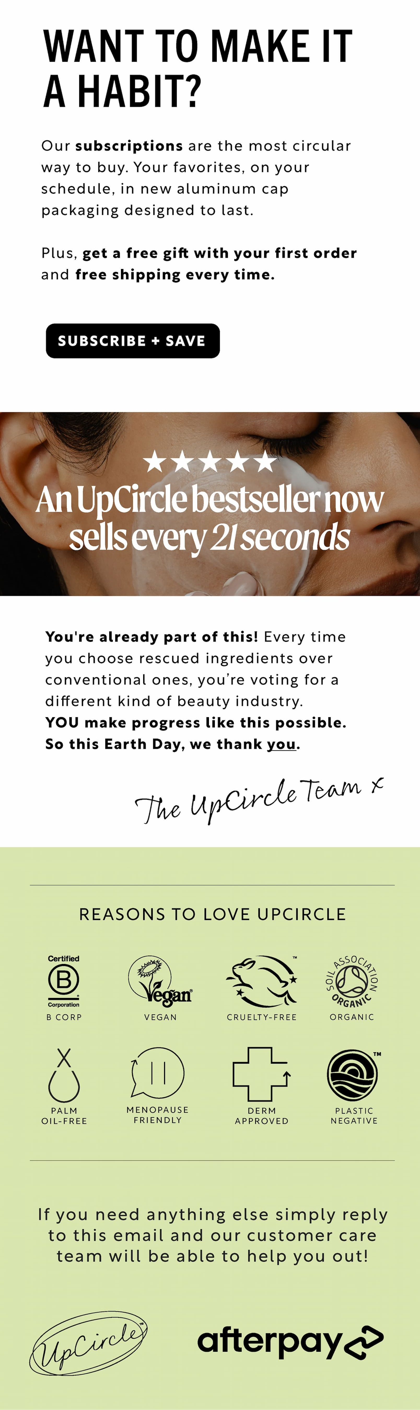 Earth Day update sharing the impact of UpCircle’s rescued ingredients, positive eco news, and thanking YOU for making our progress possible. Shop now!