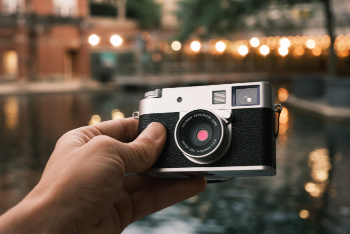 A hand holding a Fujifilm X half camera. blurry background that is perhaps lights reflecting in water.