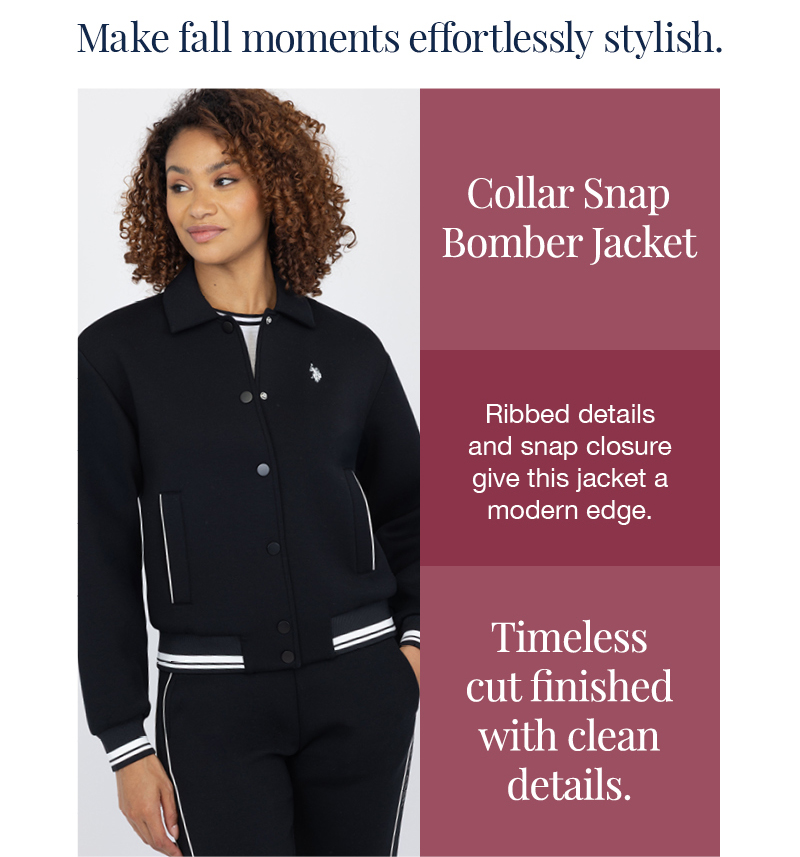 Make fall moments effortlessly stylish. Collar snap bomber jacket. Ribbed details and snap closure give this jacket a modern edge. Timeless cut finished with clean details.