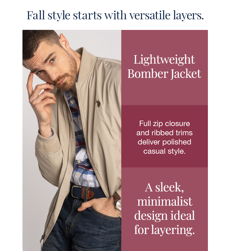 Fall style starts with versatile layers. Lightweight bomber jacket. Full zip closure and ribbed trims deliver polished casual style. A sleek, minimalist design ideal for layering.