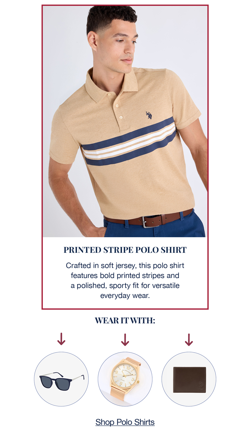 PRINTED STRIPE POLO SHIRT: Crafted in soft jersey, this polo shirt features bold printed stripes and a polished, sporty fit for versatile everyday wear. Wear it with. Shop Polo shirts