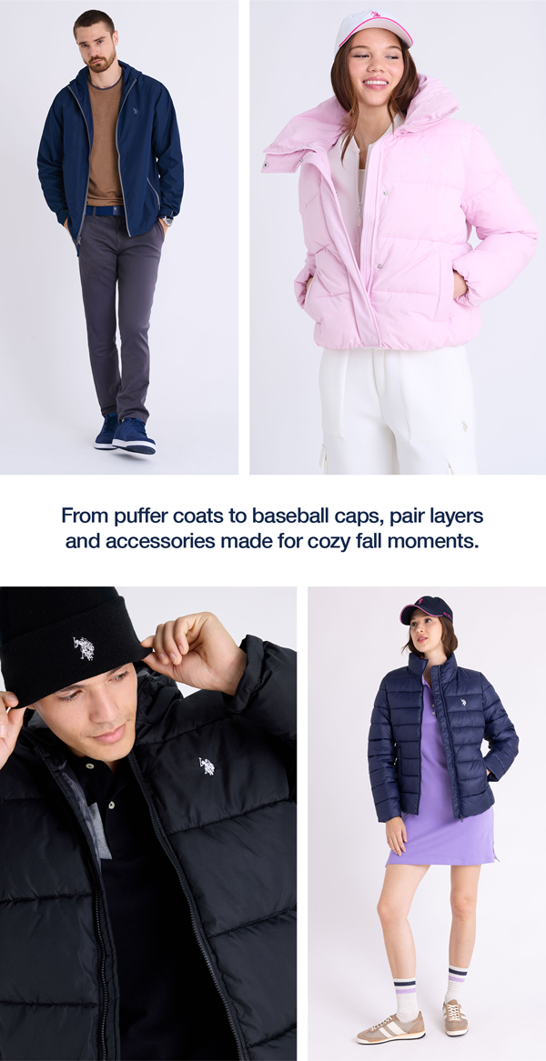 From puffer coats to baseball caps, pair layers and accessories made for cozy fall moments.