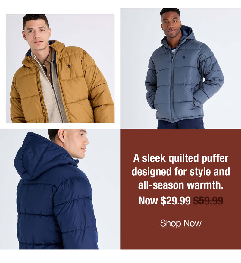 A sleek quilted puffer designed for style and all-season warmth. Now $29.99 Was $59.99 Shop now