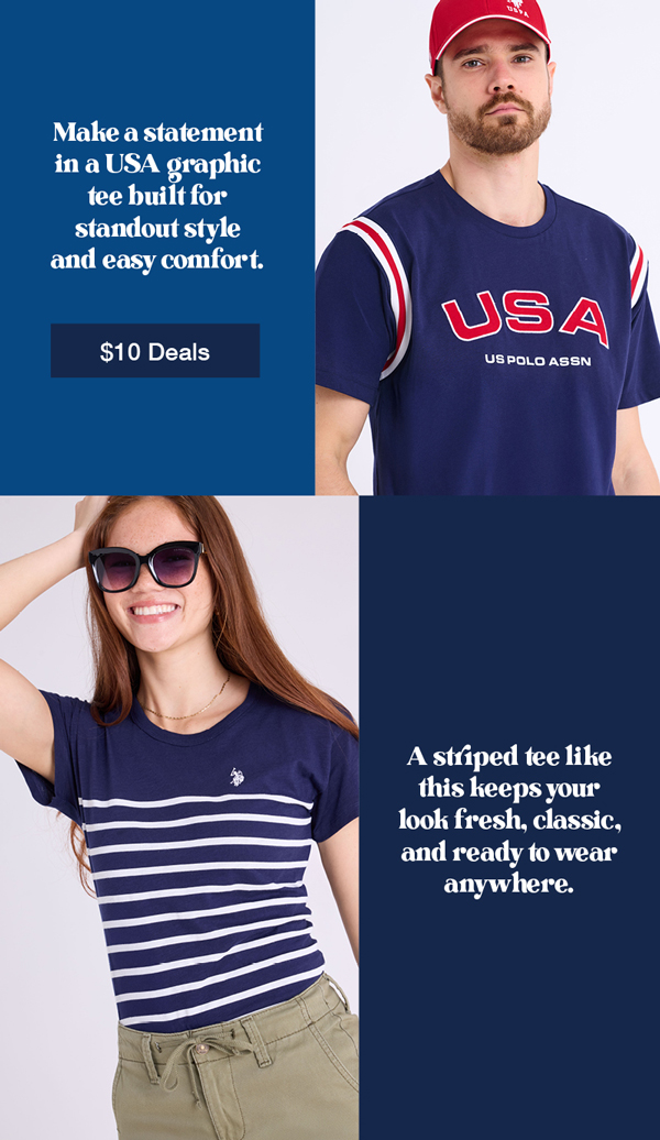 Make a statement in a USA graphic tee built for standout style and easy comfort. A striped tee like this keeps your look fresh, classic, and ready to wear anywhere. Shop $10 deals