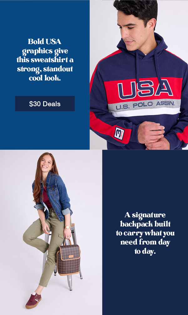 Bold USA graphics give this sweatshirt a strong, standout cool look. A signature backpack built to carry what you need from day to day. Shop $30 deals