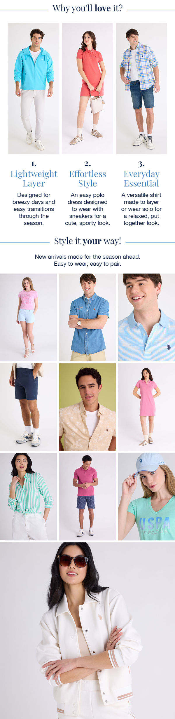 Why you'll love  it? 1. Lightweight layer: Designed for breezy days and easy transitions through the season. 2. Effortless style: An easy polo dress designed to wear with sneakers for a cute, sporty look. 3. Everyday essential: A versatile shirt made to layer or wear solo for a relaxed, put together look. Style it your way! New arrivals made for the season ahead. Easy to wear, easy to pair.