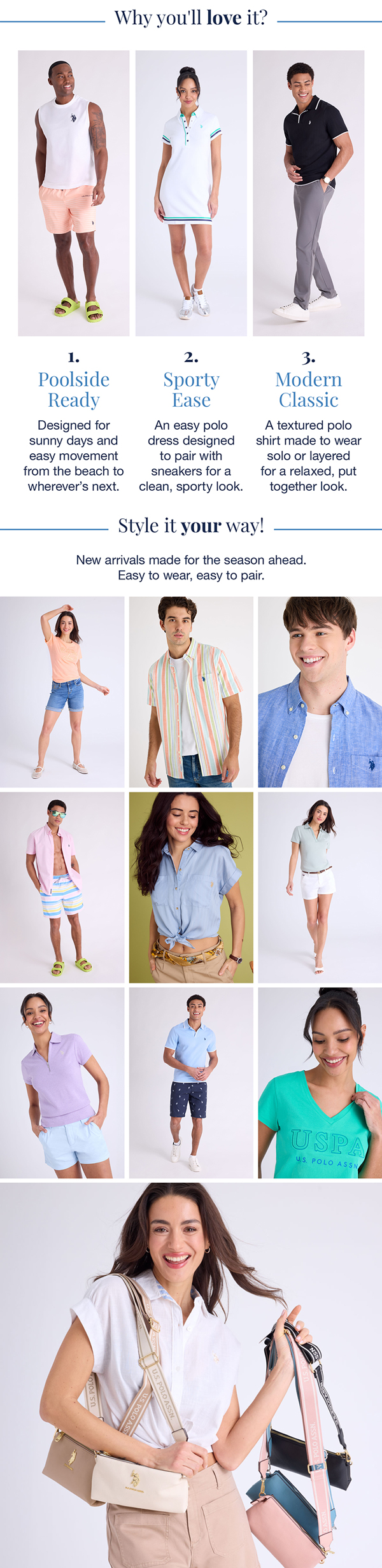Why you'll love  it? 1. Poolside Ready: Designed for sunny days and easy movement from the beach to wherever's next. 2. Sport Ease: An easy polo dress designed to pair with sneakers for a clean, sporty look. 3. Modern Classic: A textured polo shirt made to wear solo or layered for a relaxed, put together look. Style it your way! New arrivals made for the season ahead. Easy to wear, easy to pair.