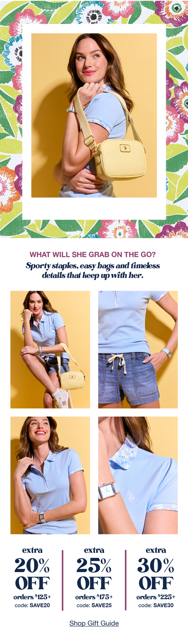 What will she grab on the go? Sporty staples, easy bags and timeless details that keep up with her. Extra 20% off orders $125+ code:SAVE20 extra 25% off orders $175+ code:SAVE25 extra 30% off orders $225+ code:SAVE30 Shop gift guide