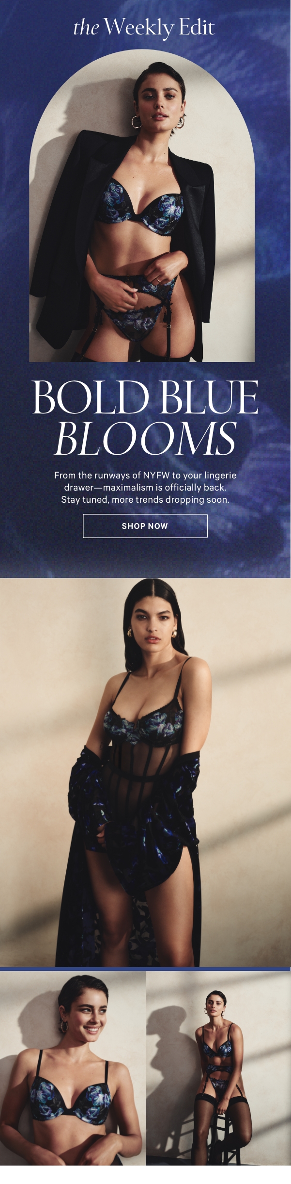 The Weekly Edit  Bold Blue Blooms  From the runways of NYFW to your lingerie drawer—maximalism is officially back. Stay tuned, more trends dropping soon.  SHOP NOW>