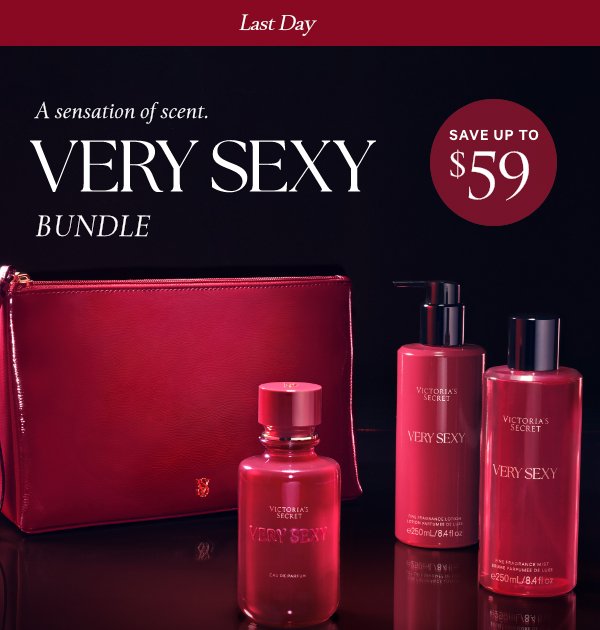 The New Look of Very Sexy Eau de Parfum        A sensation of scent.  Very Sexy Bundle   $95 3.4 oz Very Sexy Eau de Parfum + Lotion + Mist + Bag   Limited time. A $154.90 value. Excludes PINK and clearance. Promotional price will automatically be adjusted in cart with the addition of qualifying styles. Limit 30 per order. 