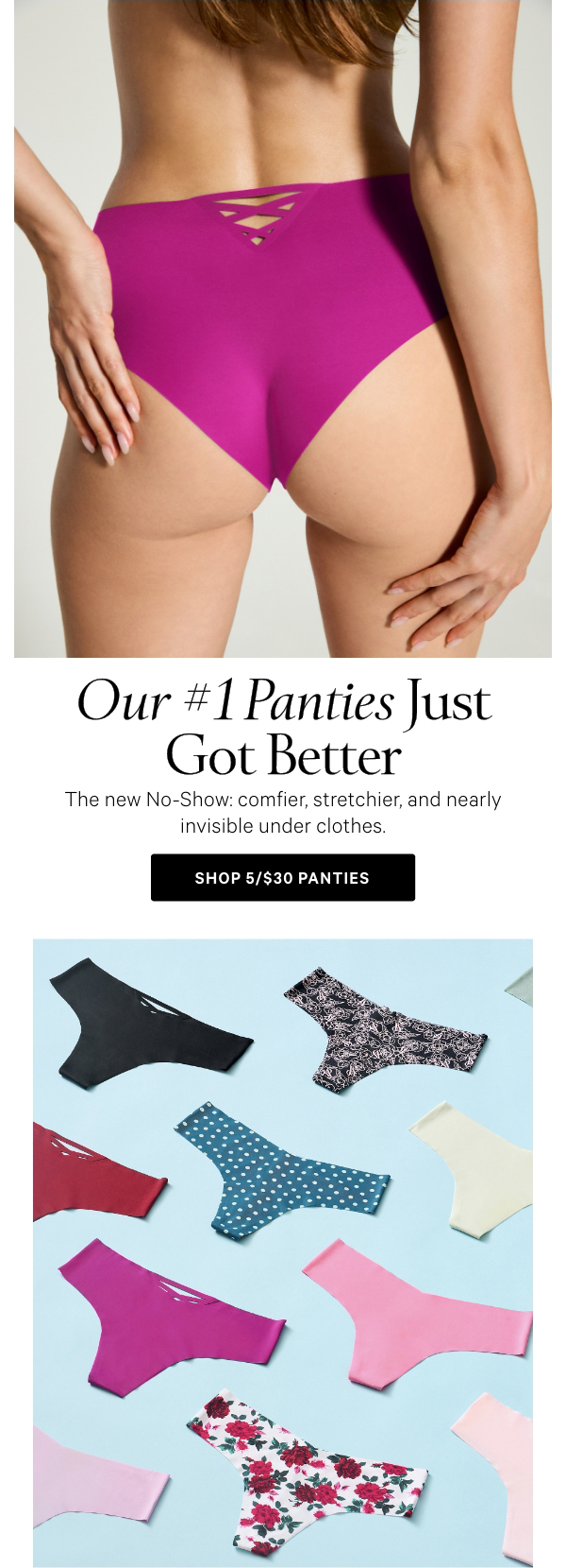 Our #1 Panty Just Got Better  The new No-Show: comfier, stretchier, and nearly invisible under clothes.   Shop 5/$30 Panties >