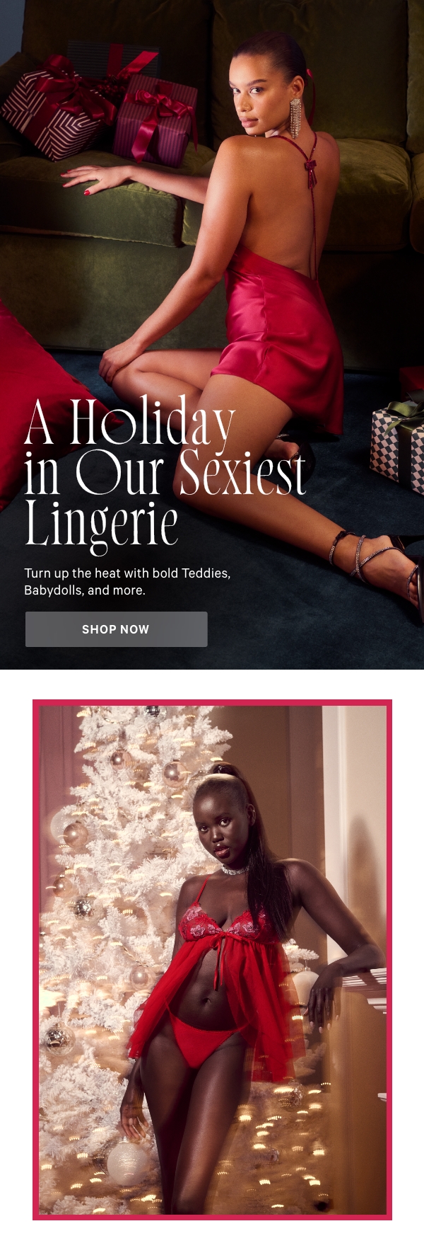A Holiday in Our Sexiest Lingerie&nbsp;Turn up the heat with bold Teddies, Babydolls, and more.&nbsp;&nbsp;SHOP NOW> 