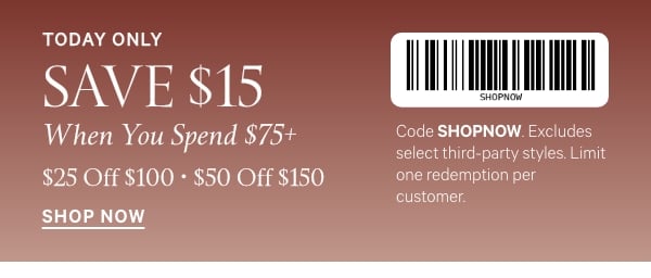 Today only. Save $15 when you Spend $75+. Shop Now.
