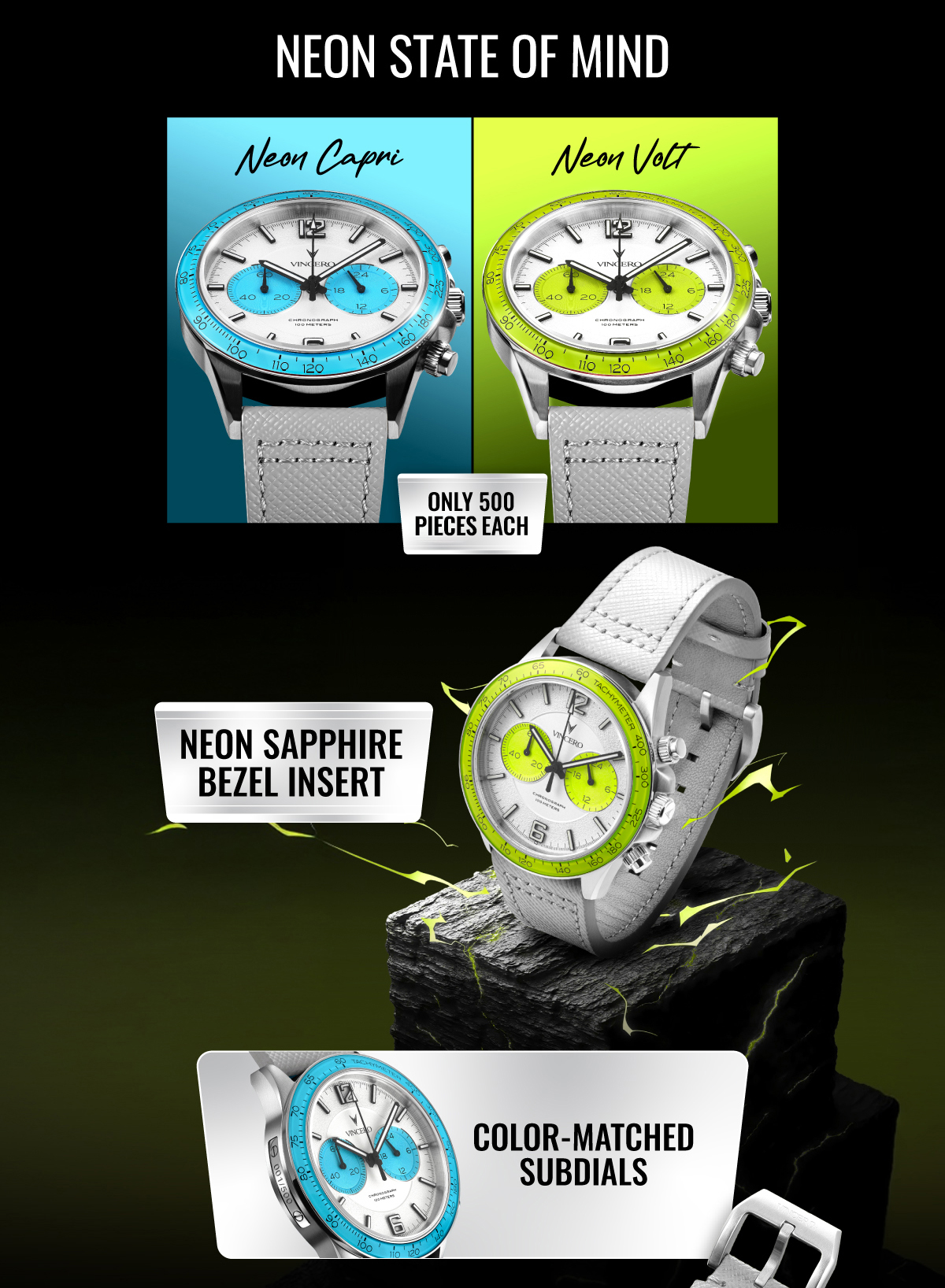 Neon State of Mind Only 500 Pieces Each Neon Sapphire Bezel Insert Color-Matches Subdials