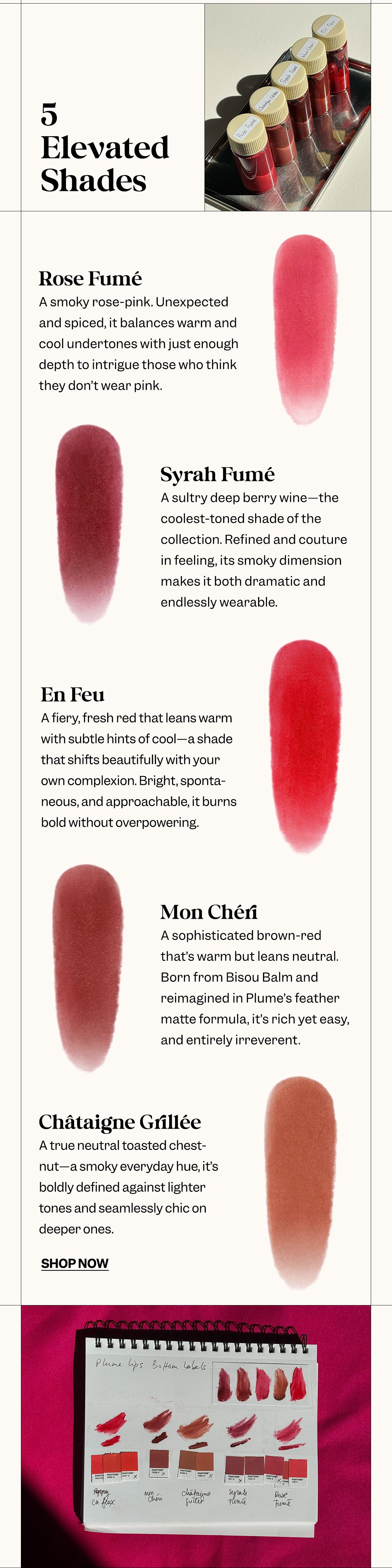 5 Elevated Shades Rose Fumé – A smoky rose-pink. Unexpected and spiced, it balances warm and cool undertones with just enough depth to intrigue those who think they don’t wear pink.   Syrah Fumé – A sultry deep berry wine—the coolest-toned shade of the collection. Refined and couture in feeling, its smoky dimension makes it both dramatic and endlessly wearable. En Feu – A fiery, fresh red that leans warm with subtle hints of cool—a shade that shifts beautifully with your own complexion. Bright, spontaneous, and approachable, it burns bold without overpowering.   Mon Chéri – A sophisticated brown-red that’s warm but leans neutral. Born from Bisou Balm and reimagined in Plume’s feather matte formula, it’s rich yet easy, and entirely irreverent. Châtaigne Grillée – A true neutral toasted chestnut—a smoky everyday hue, it’s boldly defined against lighter tones and seamlessly chic on deeper ones.