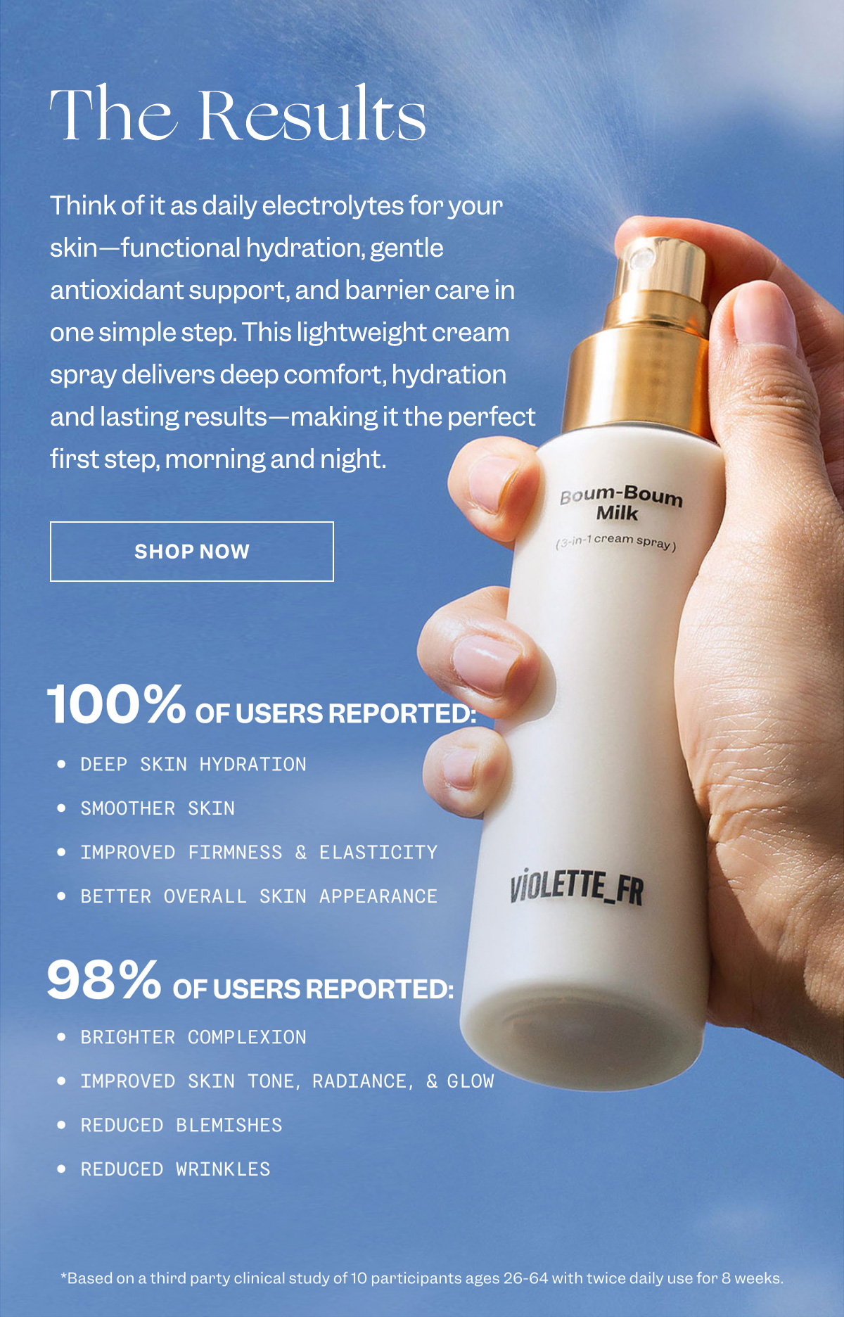 Think of it as daily electrolytes for your skin—functional hydration, gentle antioxidant support, and barrier care in one simple step. This lightweight cream spray delivers deep comfort, hydration and lasting results—making it the perfect first step, morning and night.