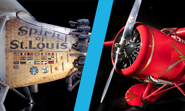 The nose of two early airplanes are compared side by side with a graphical split in the middle.