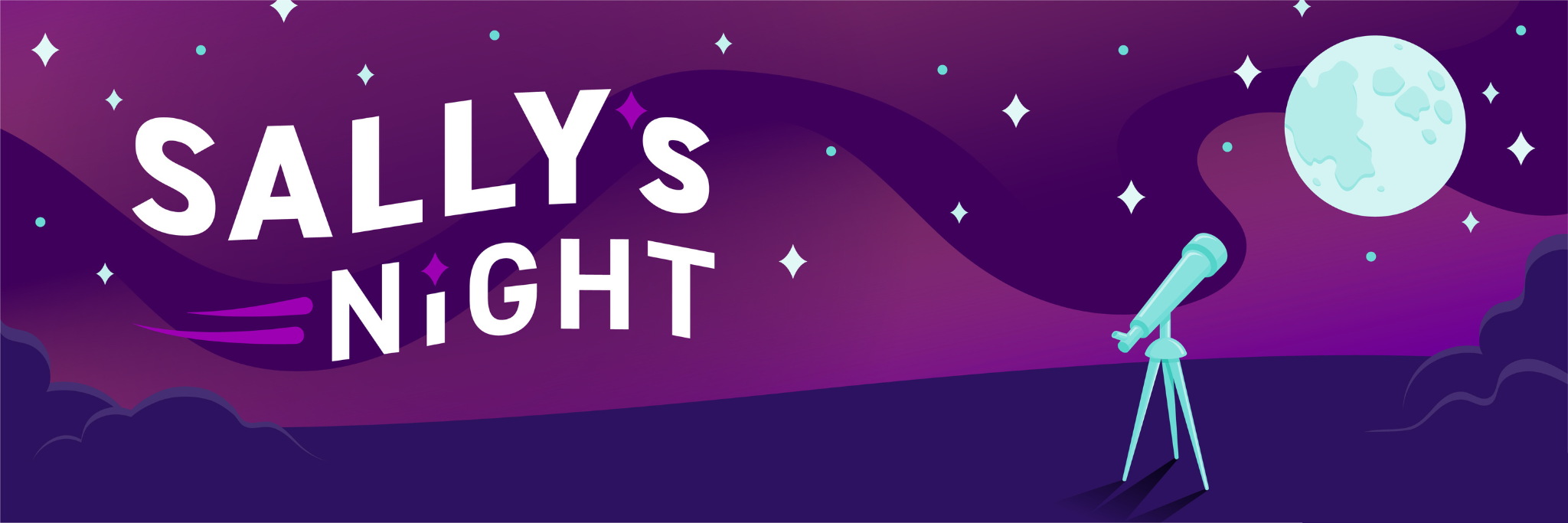 Purple graphic that features the night sky, a moon, a telescope and text that reads Sally's Night.