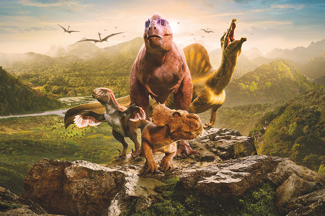 Various terrestrial and avian dinosaurs in a hilly landscape